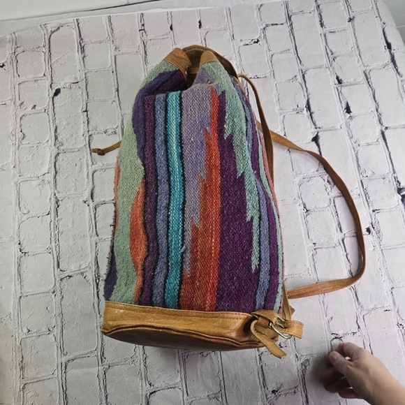 Vtg Handwoven Kilim rug southwestern leather duffle tote bag backpack main image 10